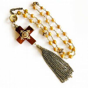Vintage Amber Cross Necklace Freshwater Pearl Tassel Pendant
